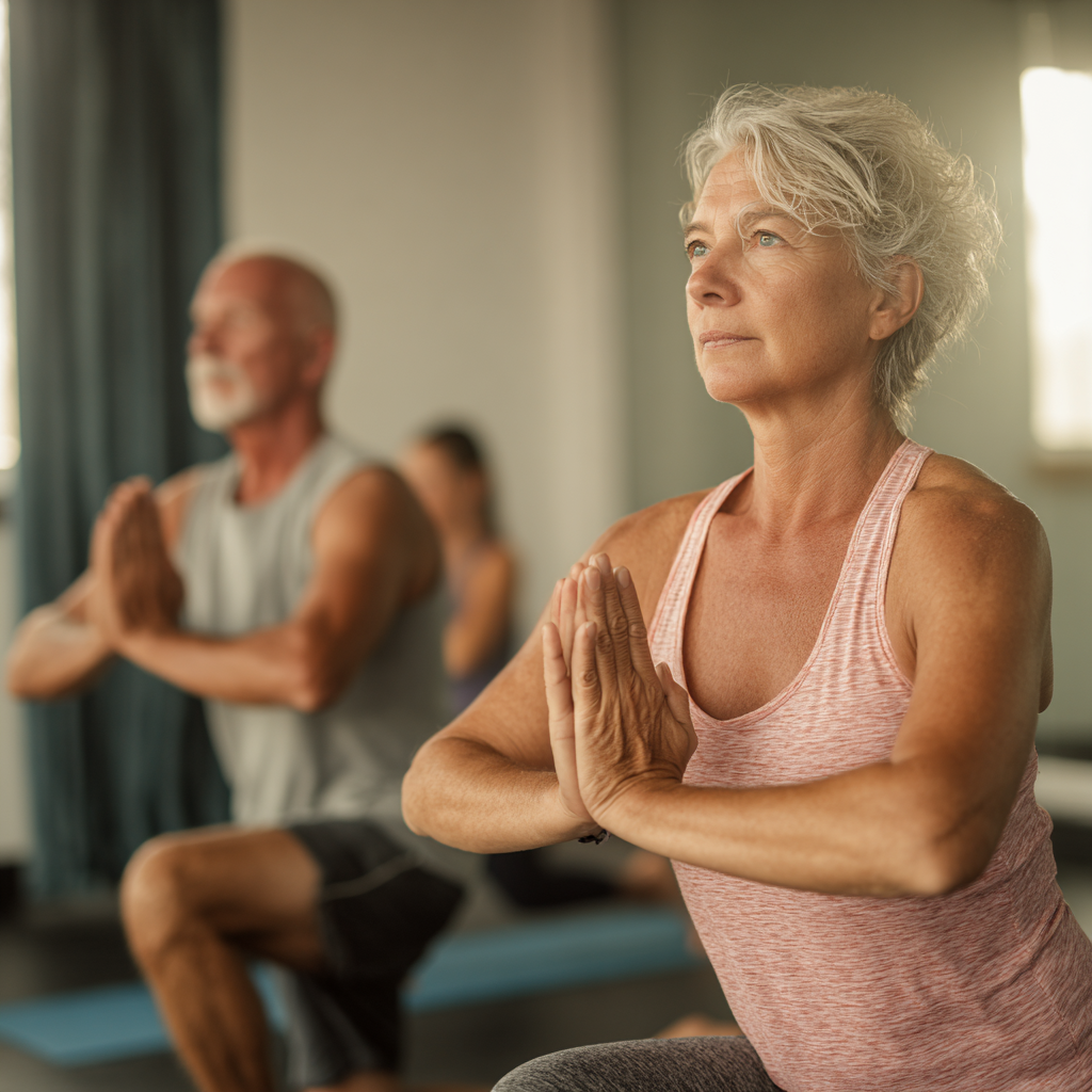 Mature adults practicing yoga poses in peaceful studio environment