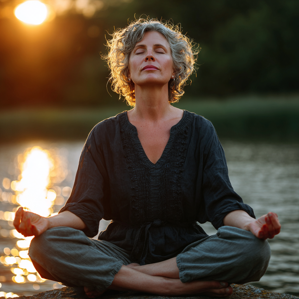 Middle-aged woman practicing serene yoga meditation outdoors